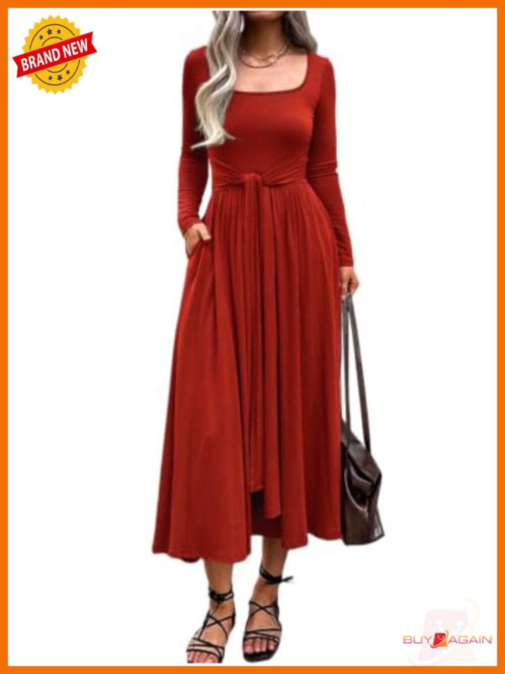Rayon Blend Long Sleeve Tie Waist A Line Maxi Dress Square Neck Pockets